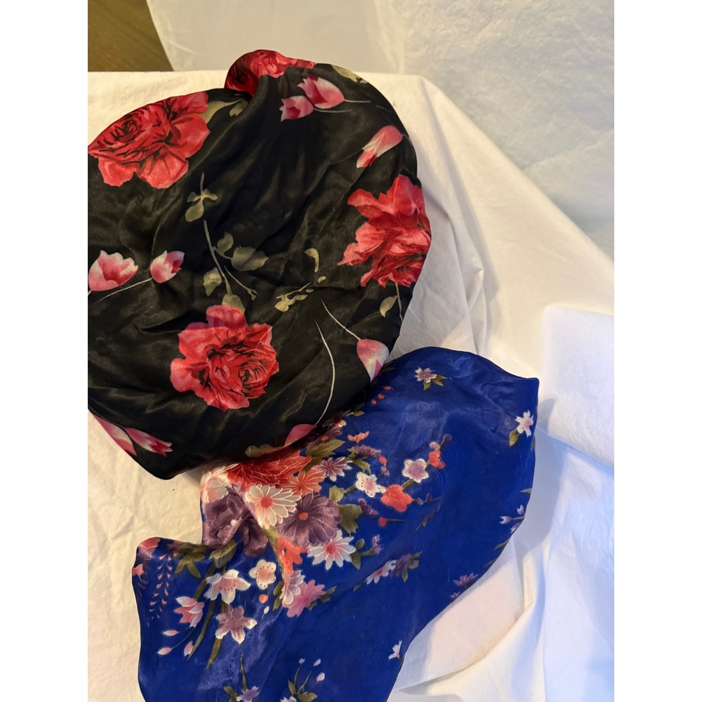 Set of 2 Floral Satin Hair Bonnets Black Red Rose and Blue Blossom Sleep Cap
